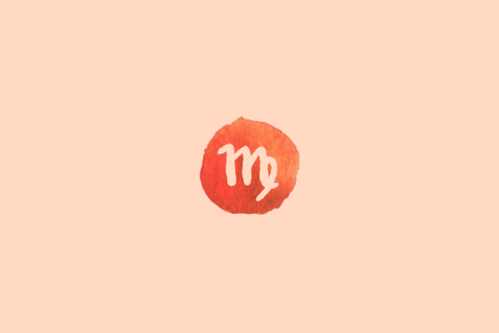 Ilustração do signo de Virgem sobre fundo uniforme em tom pêssego-claro. No centro, há uma mancha circular irregular em vermelho-coral, com textura semelhante à aquarela. Sobre ela, o símbolo de Virgem aparece em tom creme, formado por três hastes estreitas e alongadas, conectadas por curvas na parte superior e finalizadas por um traço que se inclina para baixo e para a direita, formando uma pequena volta.