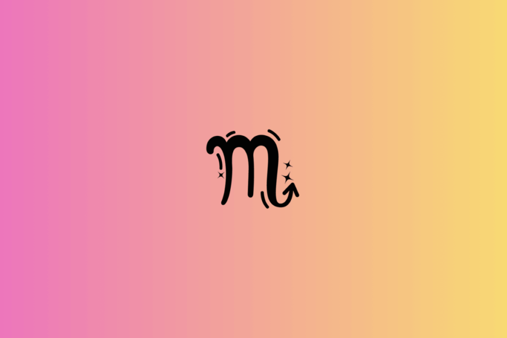 Ilustração do signo de Escorpião em preto, centralizada sobre um fundo em degradê rosa, pêssego e amarelo-claro. O símbolo apresenta três hastes verticais conectadas por curvas na parte superior, com a última linha se estendendo para a direita e terminando em uma ponta de seta voltada para cima. Pequenas estrelas e traços curvos decoram o desenho.