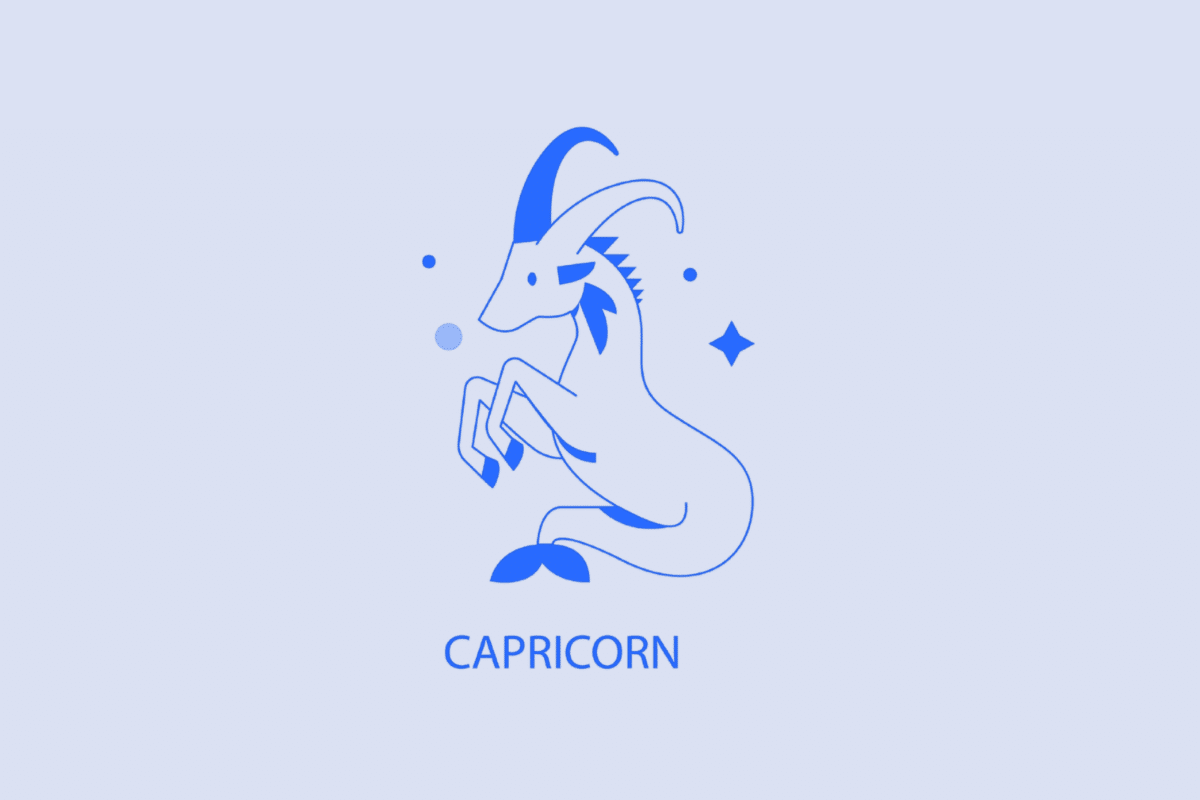 Ilustração minimalista em tons de azul e branco representando o signo de Capricórnio. Mostra a figura de uma cabra-peixe (mítico ser metade cabra e metade peixe), acompanhada de pequenos pontos e uma estrela ao fundo. Na parte inferior, está escrita a palavra "CAPRICORN" em letras maiúsculas azul-escuro.