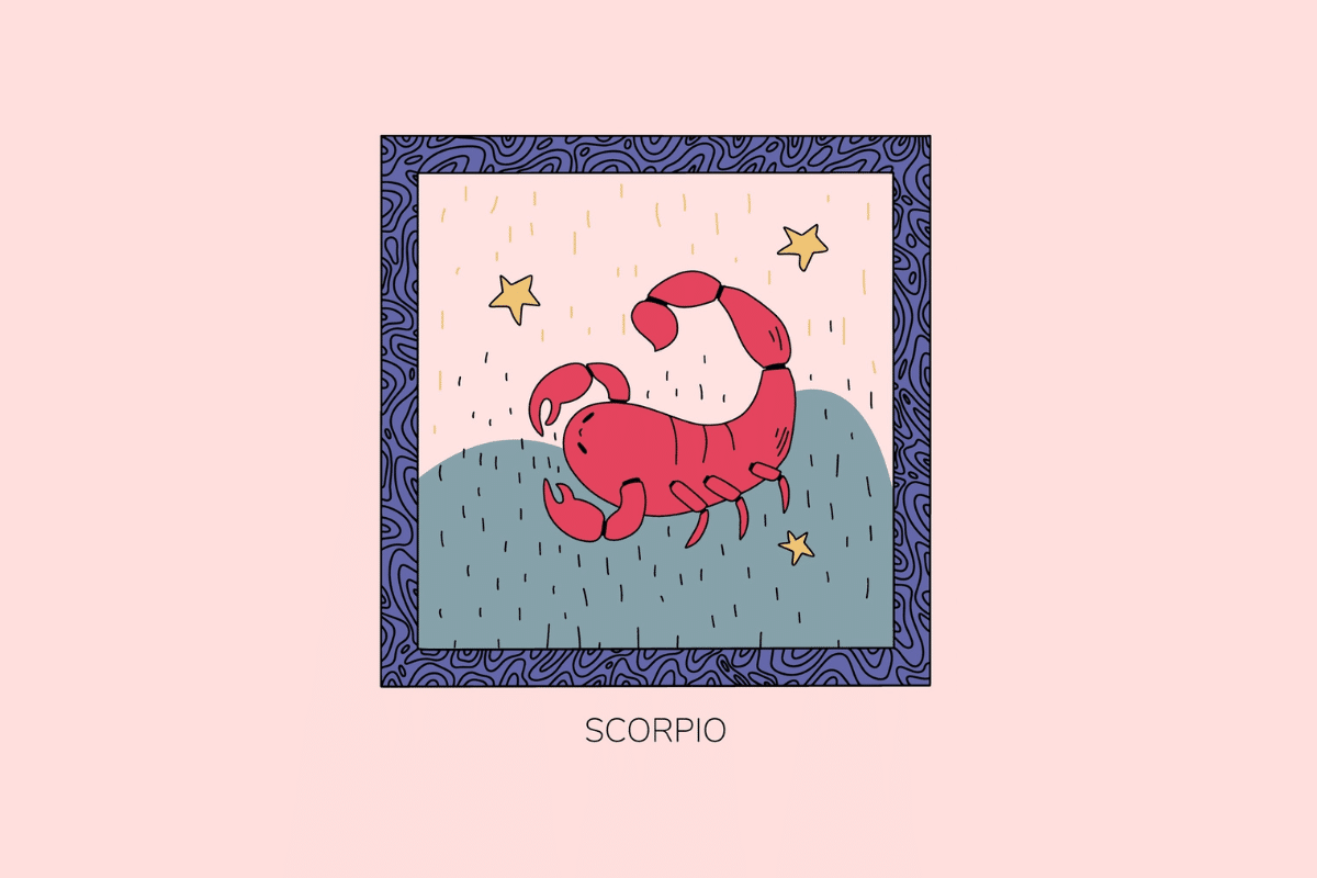 Ilustração estilizada do signo de Escorpião, mostrando um escorpião vermelho sobre fundo estilizado com estrelas amarelas, em moldura roxa e com a palavra "Scorpio" abaixo.