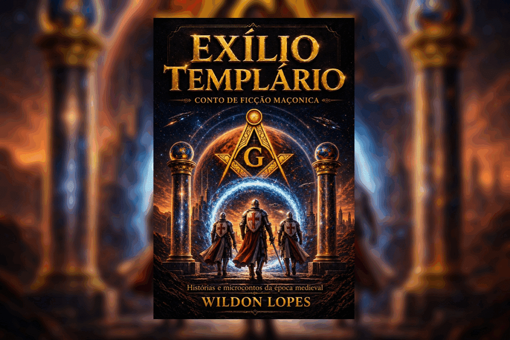 Capa do livro "Exílio Templário", de Wildon Lopes, com fundo fantástico medieval com pilares imponentes, três cavaleiros templários caminhando em direção a um portal luminoso sob o símbolo do esquadro e compasso da maçonaria.