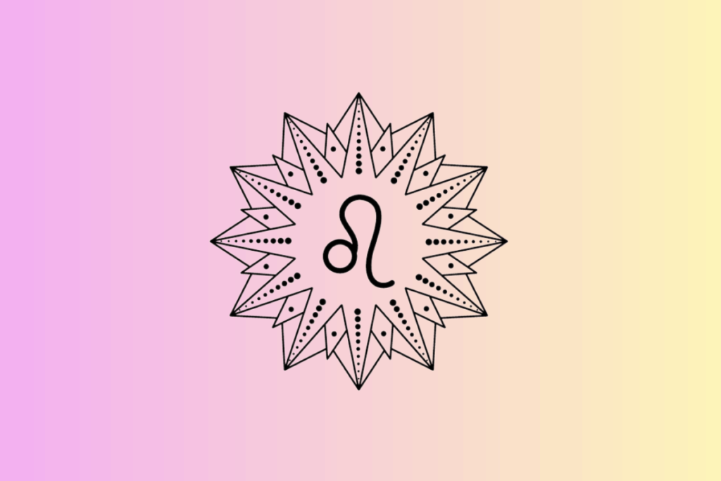 Ilustração com fundo em degradê do rosa para o amarelo, contendo ao centro um sol geométrico estilizado em preto e branco, com o símbolo do signo de Leão no meio.