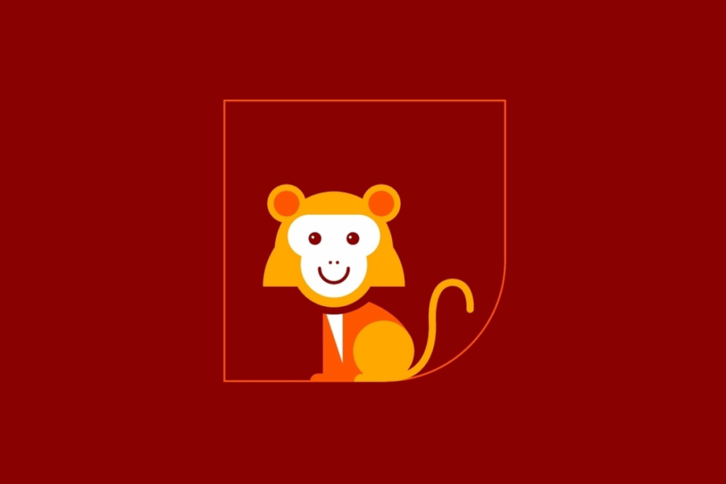 Ilustração vetorial simplificada de um macaco amarelo e laranja sobre um fundo vermelho.