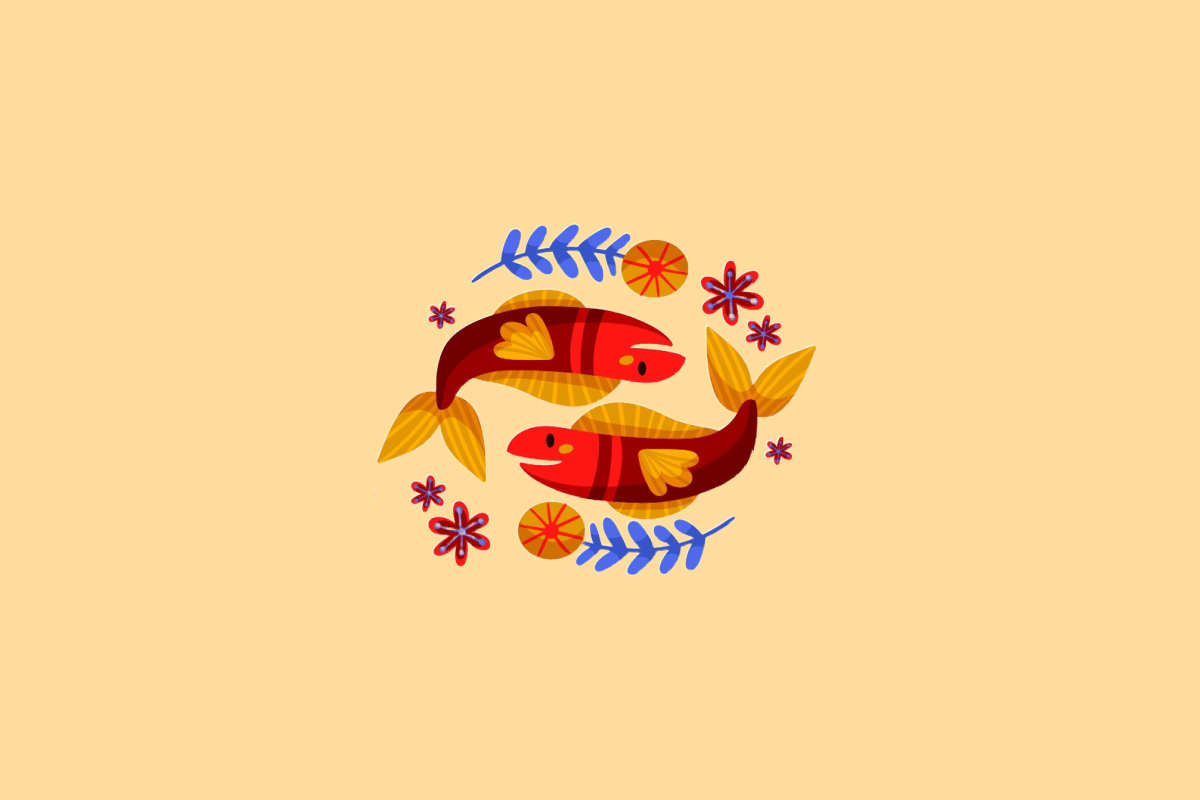 Ilustração estilizada do signo de Peixes. No centro, dois peixes vermelhos com caudas e barbatanas amarelas nadando em direções opostas, formando um círculo ornamentado por pequenas flores vermelhas e ramos azuis. O fundo é de cor amarela clara uniforme.