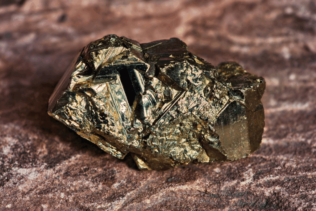 Mineral bruto de pirita com superfície irregular, metálica e tom dourado-envelhecido.