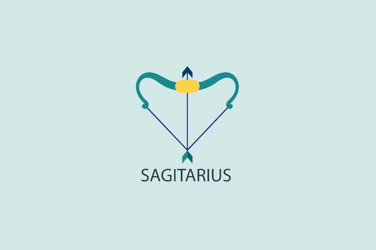 Ilustração vetorial em estilo plano de um arco esticado com uma flecha apontada para cima, sobre um fundo azul-claro com a palavra "SAGITARIUS" escrita abaixo.