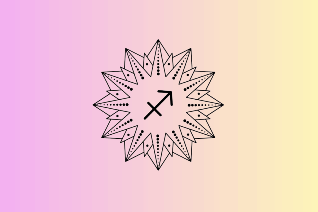 Ilustração com fundo em degradê do rosa para o amarelo, contendo ao centro um sol geométrico estilizado em preto e branco, com o símbolo do signo de Sagitário no meio.