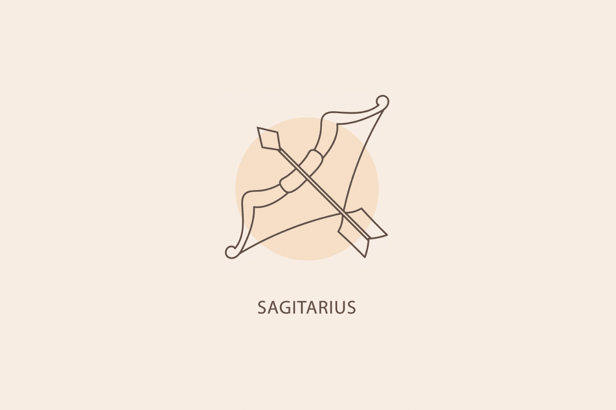 Ilustração em linhas finas de um arco com uma flecha apontada na diagonal, com um círculo bege ao fundo e a palavra "SAGITARIUS" abaixo.