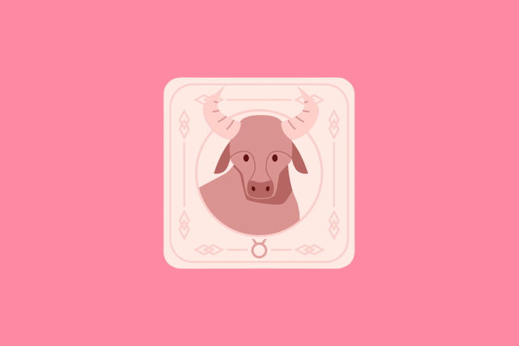 Ilustração estilizada de uma carta com fundo rosa pastel. No centro, dentro de uma moldura circular, há a cabeça de um touro. Na parte inferior da carta, encontra-se o símbolo do signo de Touro.
