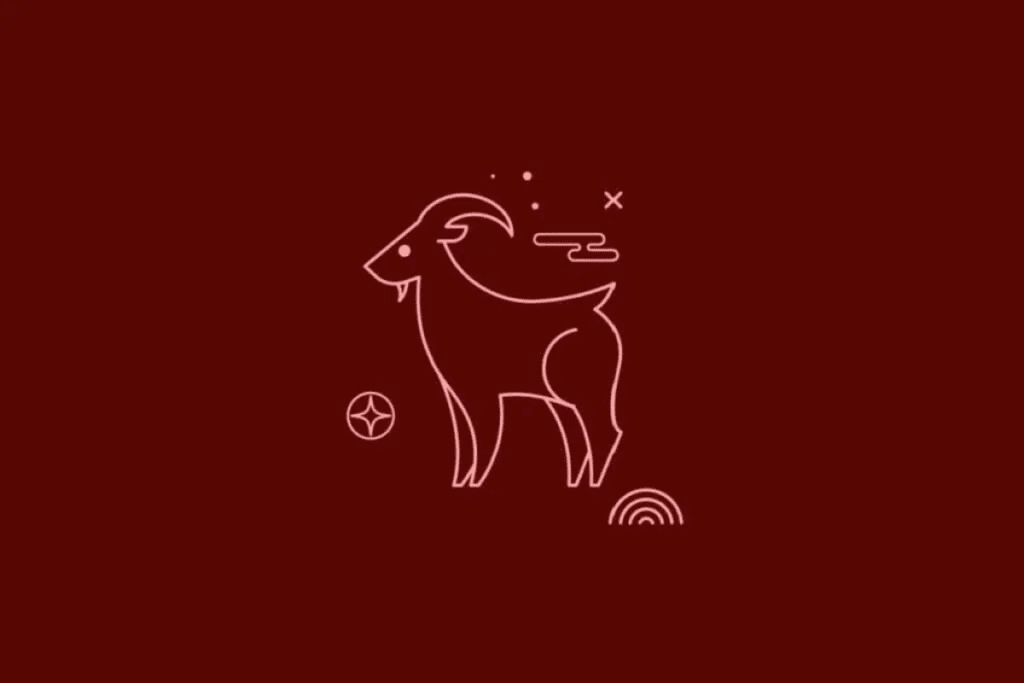 Ilustração minimalista de uma cabra em pé, desenhada com linhas finas em rosa-claro sobre um fundo vermelho-escuro. O animal apresenta chifres curvados, barba pequena, corpo robusto e patas finas. Símbolos geométricos e pequenos pontos decoram a composição.
