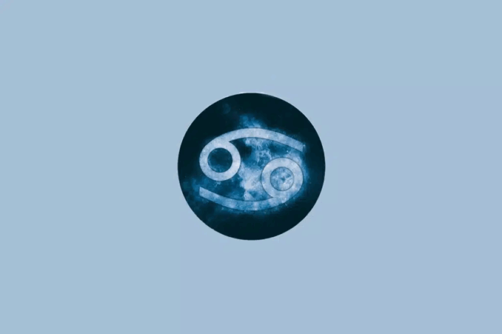 Ilustração do símbolo do signo de Câncer em azul-claro, representado por duas formas circulares ligadas a linhas curvas, com efeito luminoso, dentro de um círculo azul-escuro sobre um fundo azul-claro.