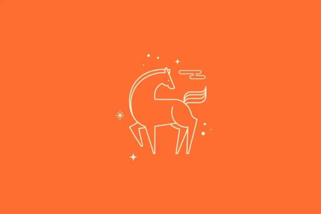 Ilustração minimalista de um cavalo em movimento, desenhado com linhas finas em tom creme sobre um fundo laranja vibrante. O animal apresenta pescoço alongado, patas flexionadas e cauda levantada. Pequenas estrelas e elementos geométricos complementam a imagem.