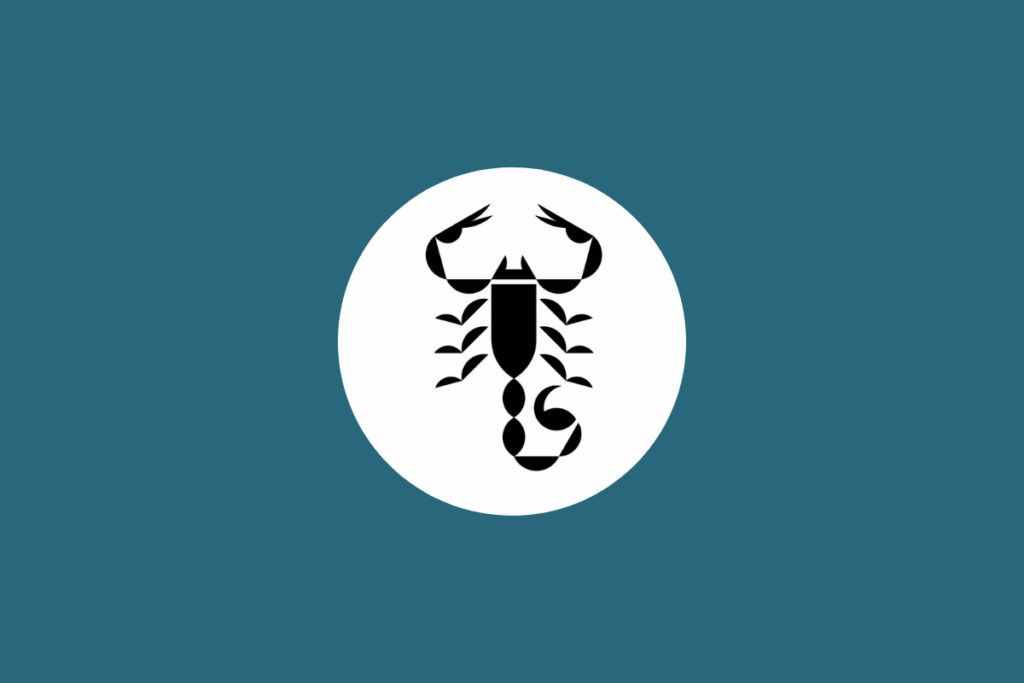 Ilustração minimalista em preto do signo de Escorpião, representado por um escorpião, dentro de um círculo branco sobre fundo azul-petróleo