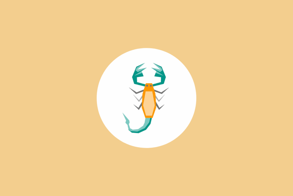 Ilustração geométrica de um escorpião de corpo alaranjado e cauda verde-azulada dentro de um círculo branco sobre fundo bege, representando o signo de Escorpião