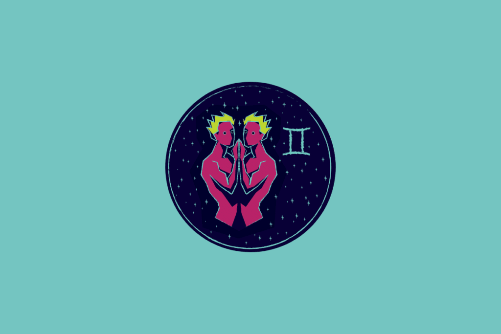 Ilustração num círculo azul-escuro estrelado sobre fundo azul-turquesa, representando Gémeos através de duas figuras humanas rosa com cabelos amarelos viradas de frente e o respetivo símbolo astrológico