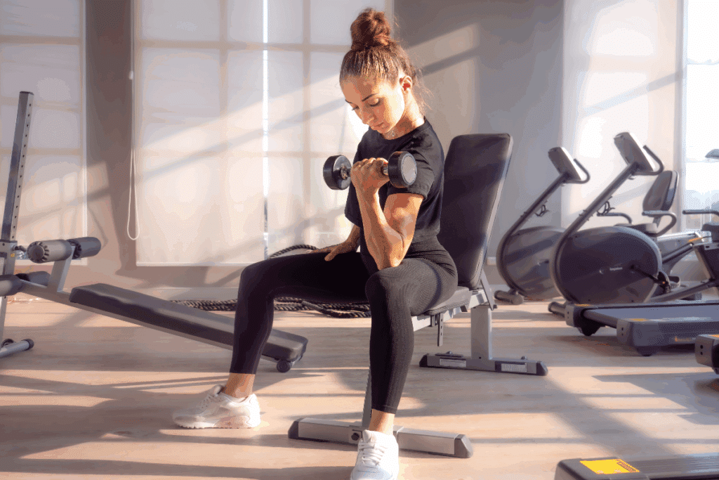 Mulher com roupa preta sentada na academia levantando peso no braço