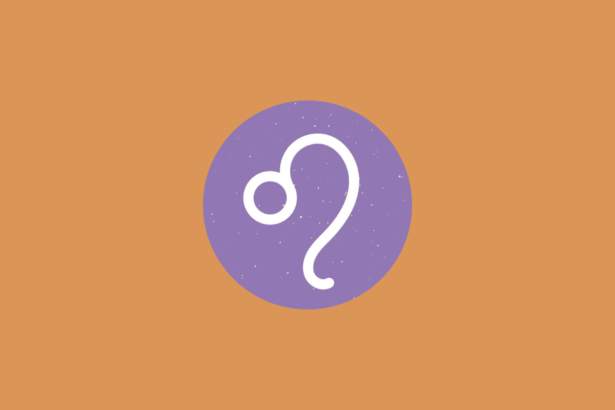 Símbolo do signo de Leão em branco dentro de um círculo roxo com fundo alaranjado