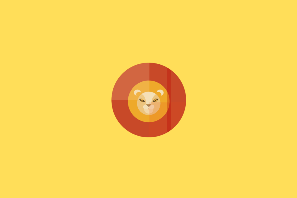Símbolo do signo de Leão representado por um rosto de leão estilizado, visto de frente. A juba forma uma moldura circular em tons de vermelho e laranja, enquanto o rosto apresenta áreas em amarelo-dourado, bege e creme. Os olhos são estreitos, o focinho é claro e as orelhas ficam na parte superior da cabeça. A figura está centralizada em um círculo vermelho-alaranjado com áreas sobrepostas em diferentes tonalidades. O fundo externo é amarelo-claro intenso e uniforme.