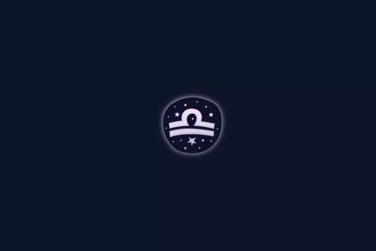 Ilustração do símbolo astrológico do signo de Libra em tom de lilás-claro, formado por linhas horizontais e uma curva na parte superior. O desenho aparece dentro de um círculo com pequenas estrelas brancas e um brilho suave, sobre um fundo azul-marinho escuro.