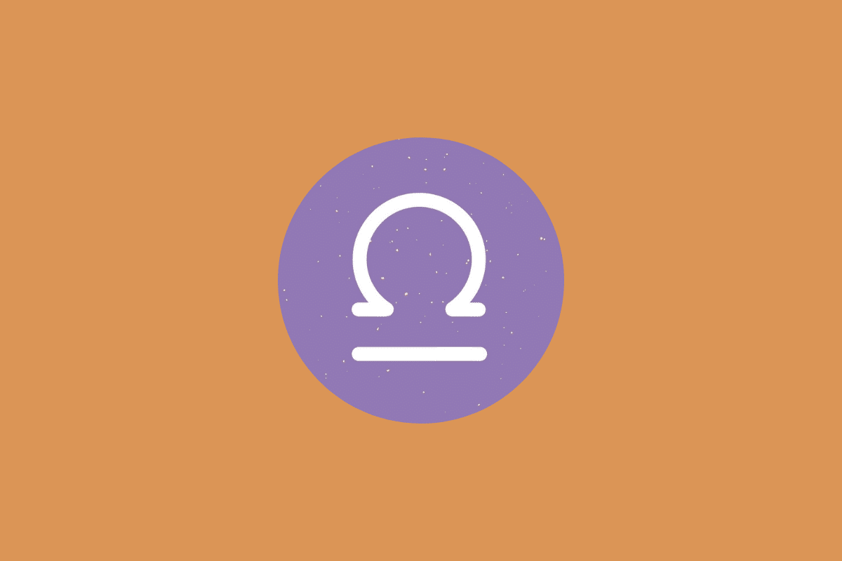Símbolo do signo de Libra em branco em um círculo roxo sobre fundo alaranjado
