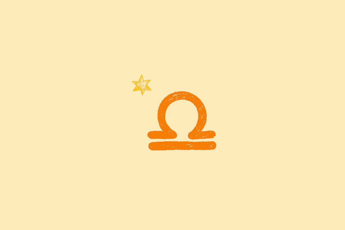 Ilustração do símbolo do signo de Libra, formado por uma linha curva sobre duas linhas horizontais, na cor laranja, acompanhada de uma pequena estrela sobre fundo bege-claro.