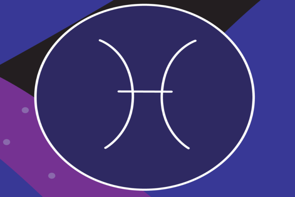 Ilustração do símbolo de Áries em linhas brancas, centralizado dentro de um grande círculo azul-escuro. O fundo combina formas abstratas em azul, roxo e preto, com pequenos pontos lilás.