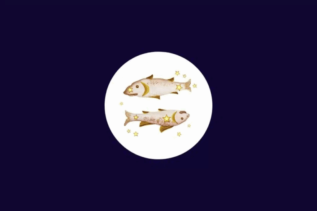 Ilustração do signo de Peixes, representado por dois peixes em sentidos opostos, com detalhes dourados e pequenas estrelas ao redor. O desenho está centralizado em um círculo branco sobre um fundo roxo-escuro