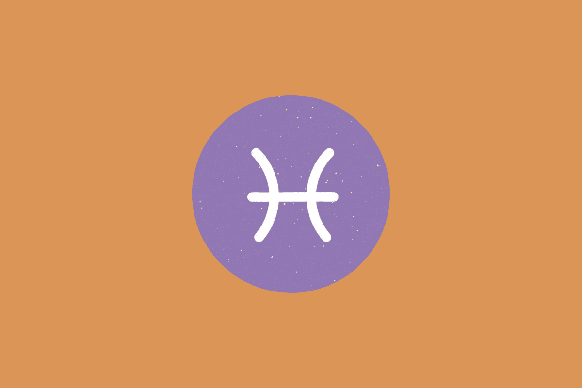 Símbolo do signo de Peixes em branco dentro de um círculo roxo sobre fundo alaranjado