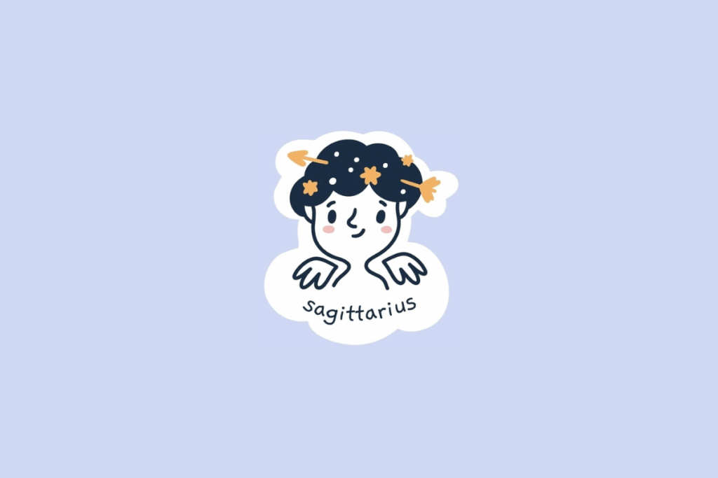 Ilustração infantil de uma criança com cabelos escuros, flores amarelas e uma flecha dourada atravessando a parte superior da cabeça, representando o signo de Sagitário sobre fundo roxo-claro.