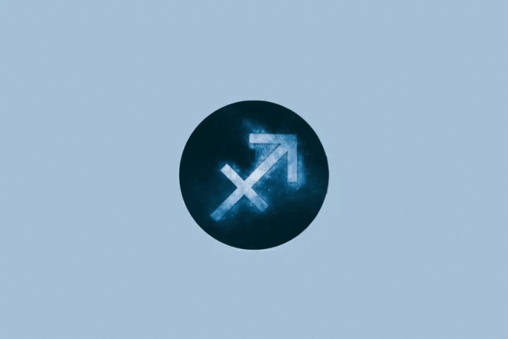 Ilustração do símbolo do signo de Sagitário, representado por uma flecha apontada para cima e para a direita, em azul-claro, com efeito luminoso, dentro de um círculo azul-escuro sobre um fundo azul-claro.