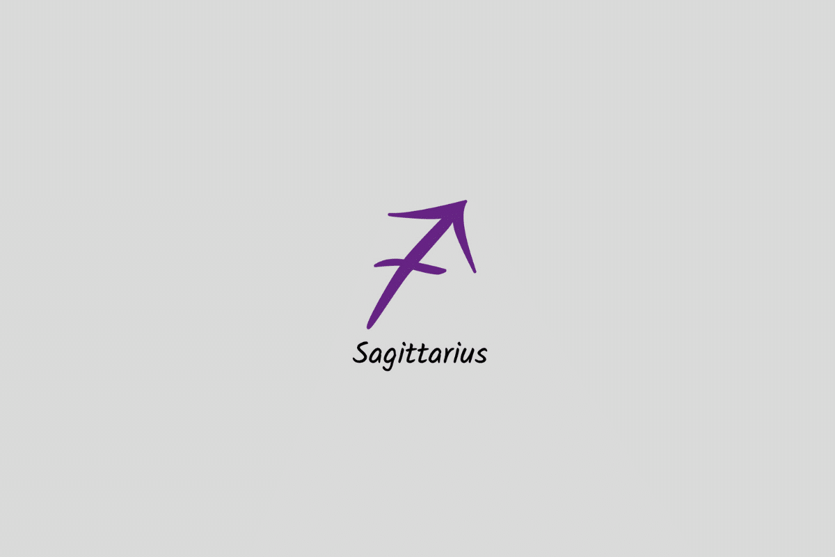 Ilustração do signo de Sagitário em roxo, com o nome abaixo, centralizada sobre um fundo cinza-claro
