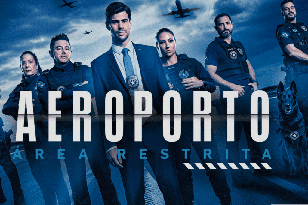 Cartaz da série Aeroporto: Área Restrita, com o título em letras brancas grandes no centro e a expressão “ÁREA RESTRITA” escrita abaixo, em azul. Sete profissionais aparecem alinhados em uma pista de aeroporto, sob um céu azul-escuro com nuvens. No centro, um homem de cabelos escuros veste terno azul, gravata e um distintivo pendurado no pescoço. Ao redor dele, homens e mulheres usam uniformes táticos pretos ou azul-marinho, com brasões e bandeiras do Brasil nos braços. À direita, um cão policial preto, semelhante a um pastor-alemão, está sentado ao lado de um dos agentes. Ao fundo, aparecem silhuetas de aeronaves e estruturas do aeroporto.