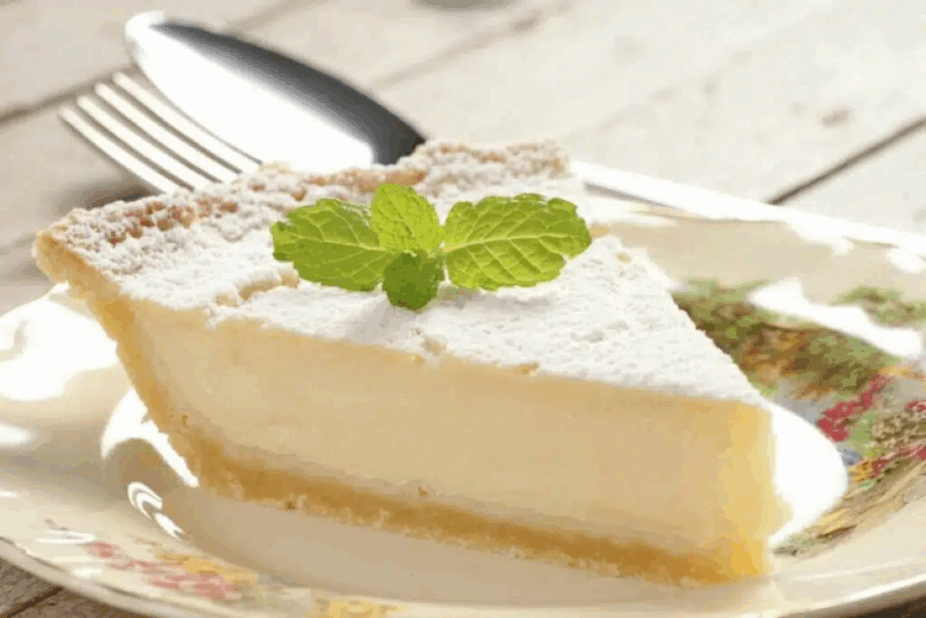 A imagem mostra uma fatia de torta de limão com recheio cremoso e cobertura de açúcar de confeiteiro, servida em um prato de porcelana com detalhes florais.