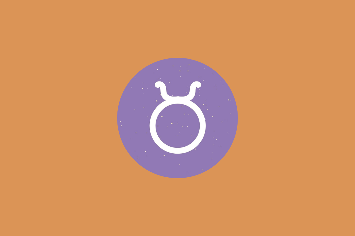 Símbolo do signo de Touro em branco sobre um círculo roxo em fundo alaranjado