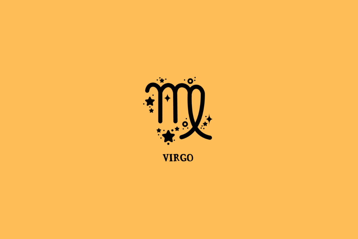 Símbolo do signo de Virgem, composto por traços pretos verticais unidos por curvas na parte superior, com a extremidade direita prolongada em uma volta arredondada. Pequenas estrelas, círculos e pontos decorativos estão distribuídos ao redor do símbolo. Abaixo, está escrito “VIRGO” em letras maiúsculas pretas, com serifa. O conjunto está centralizado sobre um fundo laranja uniforme.