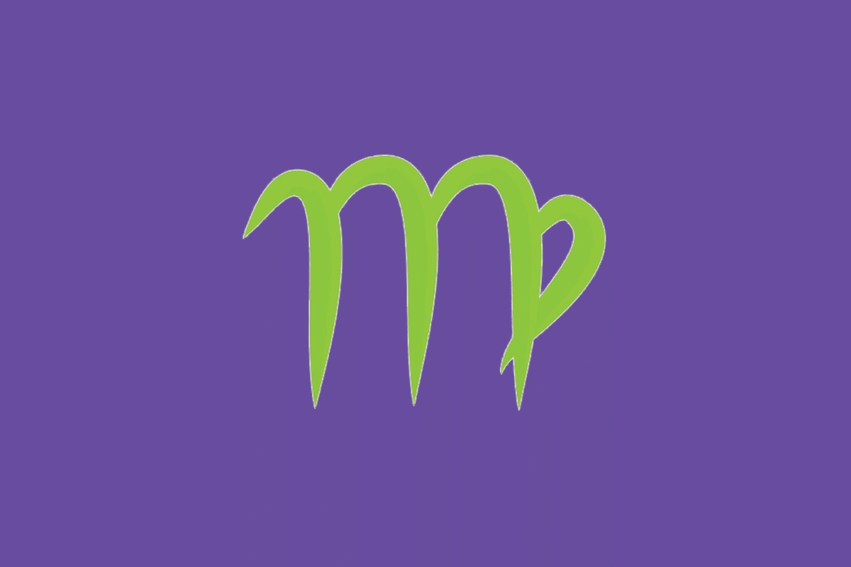 O símbolo astrológico do signo de Virgem em verde-claro sobre um fundo roxo