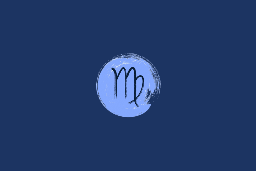 Ilustração do símbolo do signo de Virgem, representado por linhas curvas semelhantes à letra “m”, em preto, dentro de um círculo azul-claro sobre fundo azul-marinho.
